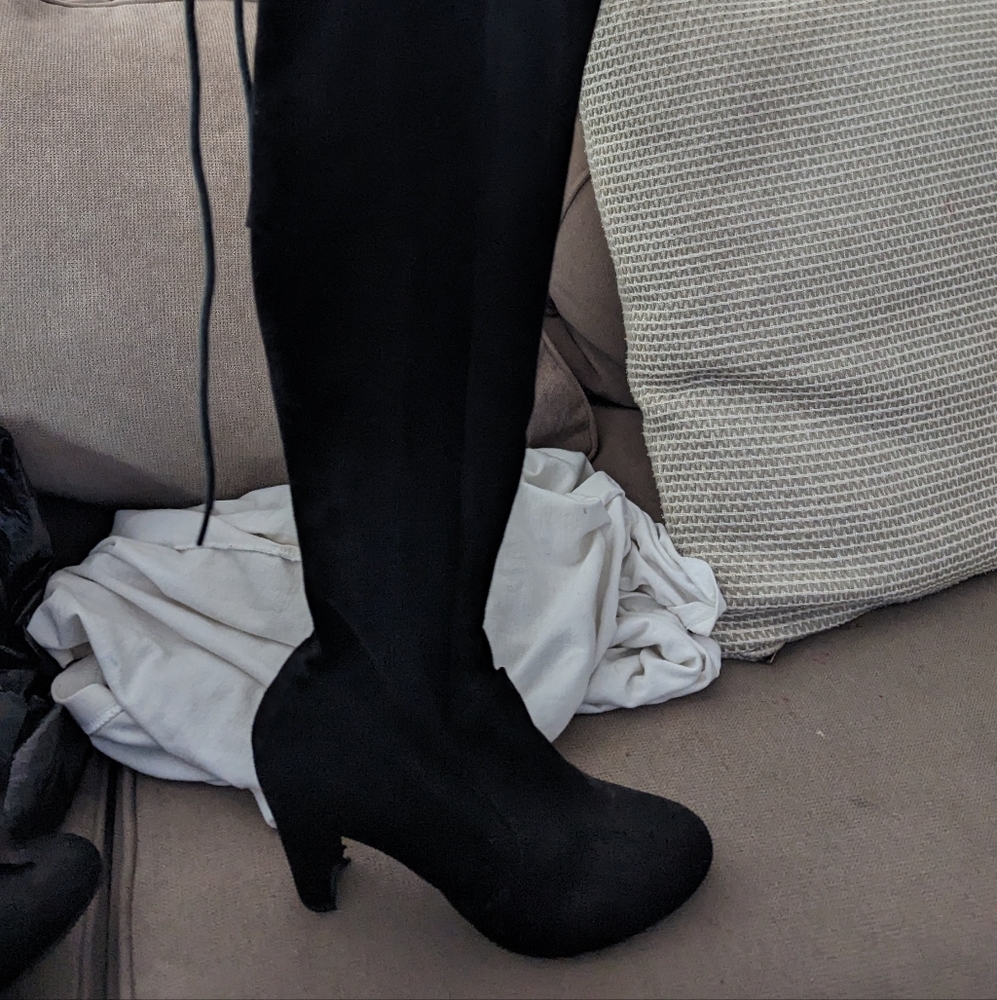 Women Pull On Over the Knee Boots Black Suede Size 6.5 Tie Back Comfy Block Heel